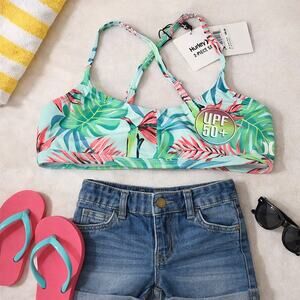 Hurley Swimsuit Bikini Top Girls Medium Green Floral Tropical UPF 50+ NWT